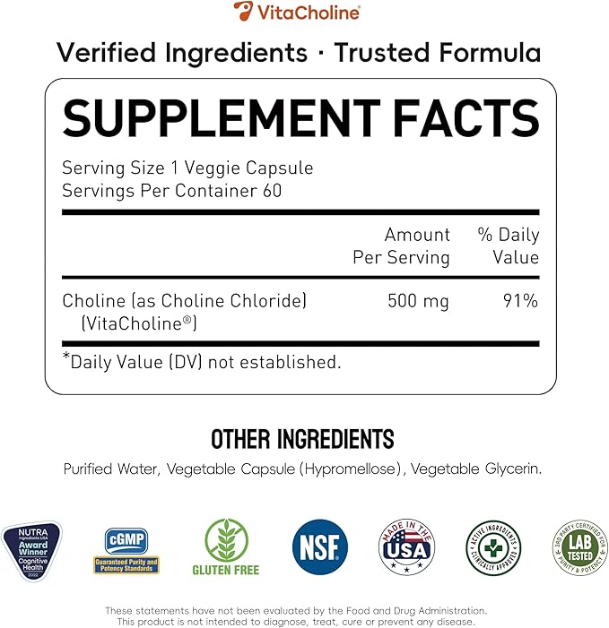 UniHealth® Choline 500 mg with VitaCholine® 60-Day Supply Liquid Vegan Capsules for Prenatal Choline Supplement Brain Health Cognitive Performance &amp Liver Support Non-GMO Gluten-Free USA Ma