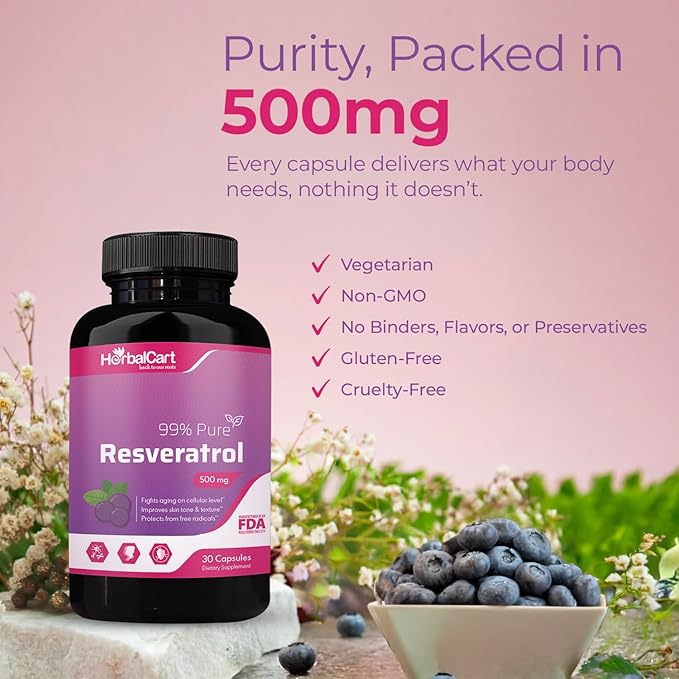 Pure Resveratrol 500mg – Antioxidant Healthy Aging &amp Heart Health Support