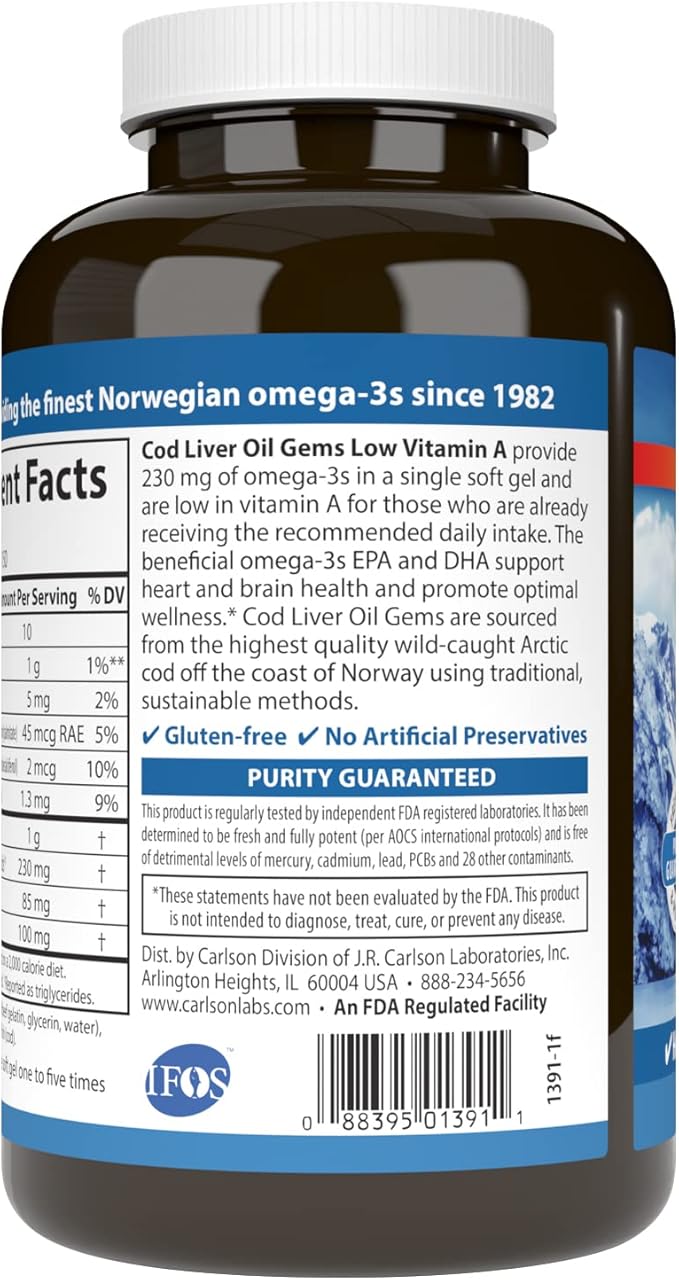 Carlson - Cod Liver Oil Gems Low Vitamin A 230 mg Omega-3s Norwegian Wild Caught Sustainably Sourced 150 Softgels