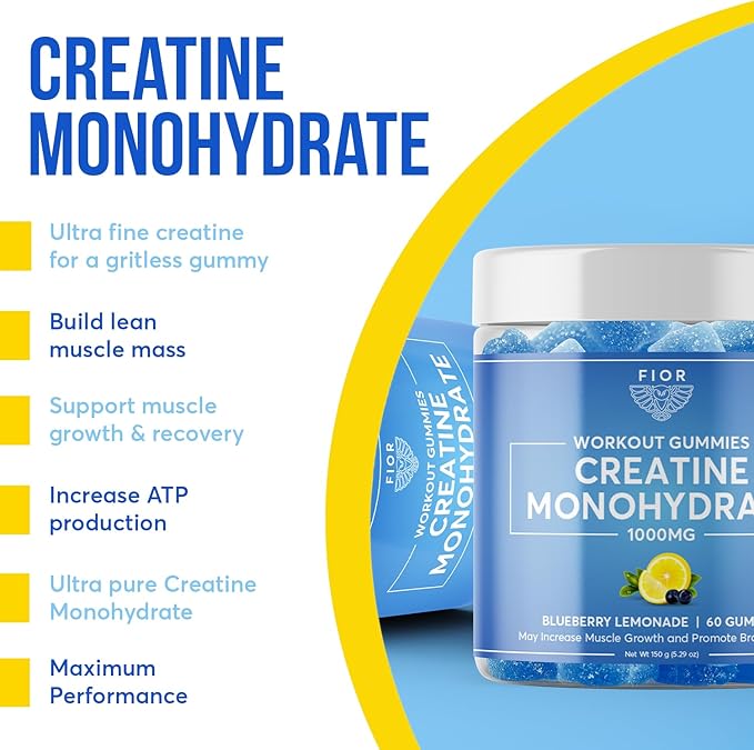 FIOR Creatine Gummy - Best Creatine Monohydrate Chewable 60 Count Workout &amp Protein Supplement Cognitive Enhancement Blueberry Lemonade Flavor 30 Servings