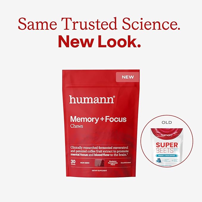 Humann Memory and Focus Chews Brain Supplement for Mental Alertness with Beet Root Powder Clinically Studied Nootropics Resveratrol Plus Beet Root Powder Blueberry Pomegranate Flavor 30 Count