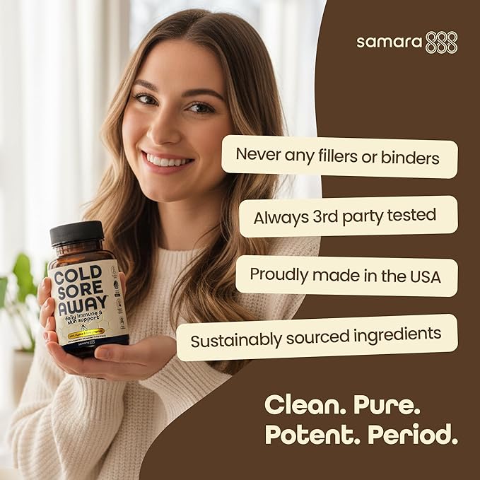 Samara 888 L Lysine Cold Sore Treatment Support Herbal Cold Sore Supplement w/Zinc Picolinate Olive Leaf Extract Beta Glucan &amp Bee Propolis for Skin &amp Lip Health 90 Capsules