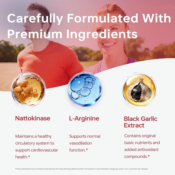 HUJ BIO CARDIOONE - 14 in 1 Formula with Nattokinase L-Arginine L-Citrulline &amp Black Garlic Extract - Vascular Health Circulation and Blood Flow Support - 60 Capsules