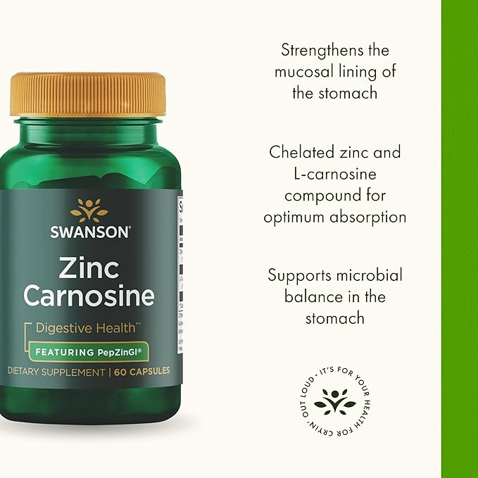 Swanson Zinc Carnosine (PepZinGI) Gastric Health Supplement for Digestive-Sensitive Adults Seeking Stomach Lining Support (60 Capsules)