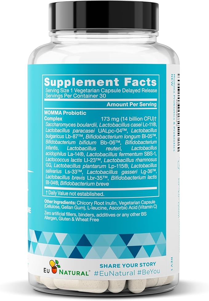 Momma Prenatal Probiotics Mom &amp Baby - Gut and Digestive Postpartum Nursing Morning Sickness Pregnancy Relief - 18 Clinically Proven Strains 14 Billion CFU Prebiotic - 30 Mini Vegan Capsules