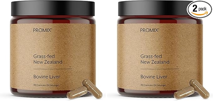 ProMix Nutrition Grass Fed Raw Beef Liver Supplement Multivitamin - Bioavailable Vitamin A B12 D3 Heme Iron - 180 Gelatin Capsules (Pack of 2)