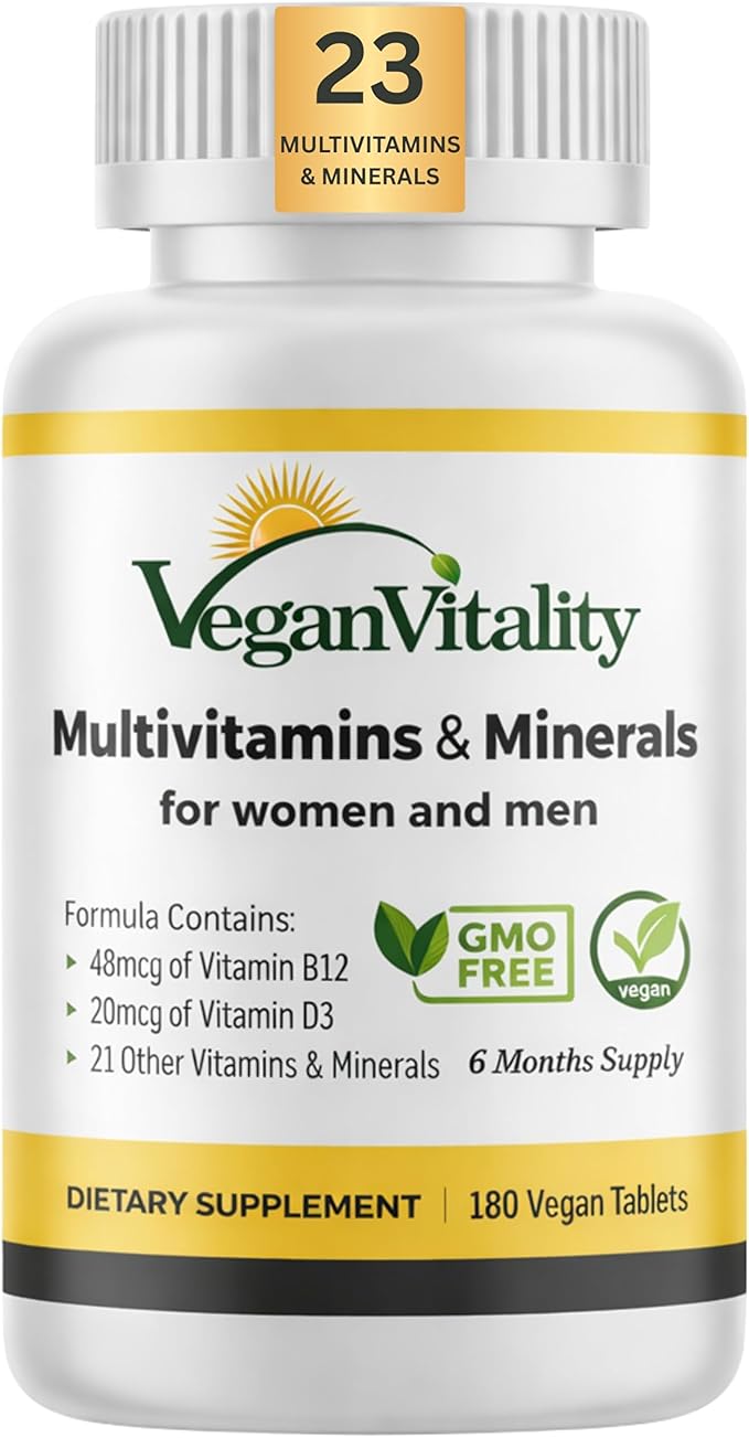 Vegan Vitality Multivitamins &amp Minerals for Women and Men with High Strength Vitamin B12 D3 &amp K2. 180 Vegan Multivitamin Tablets - 6 Months Supply. Vitamins for Vegans. Women Multivitamin