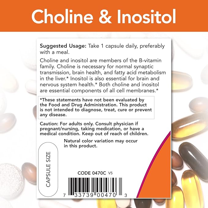 NOW Foods Choline &amp Inositol 500 mg 100 Caps (Pack of 6)