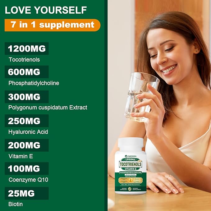 1200MG Vitamin E Tocotrienols Liposomal Tocotrienols Supplement with Phosphatidylcholine 95% Delta-tocotrienols and 5% Gamma-tocotrienols High Absorption for Heart Brain Function 120 Capsules