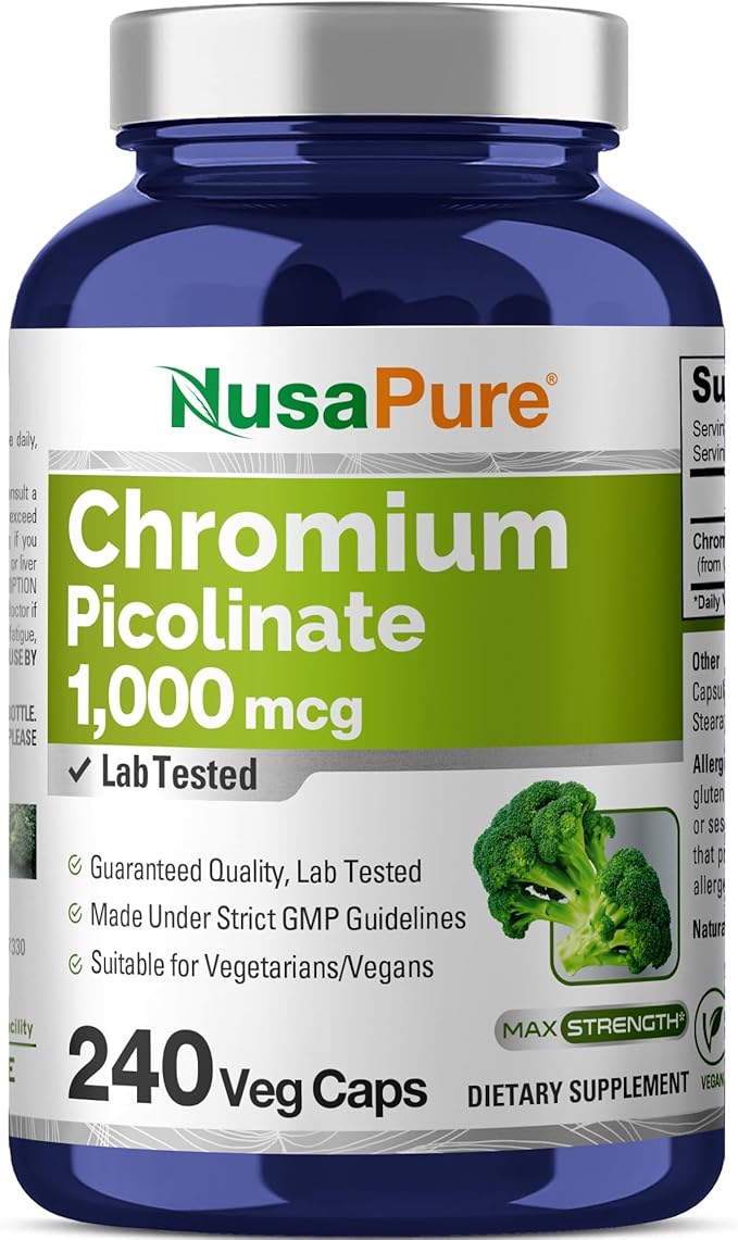 NusaPure Chromium Picolinate 1000mcg 240 Veggie Capsules (Non-GMO Vegan)