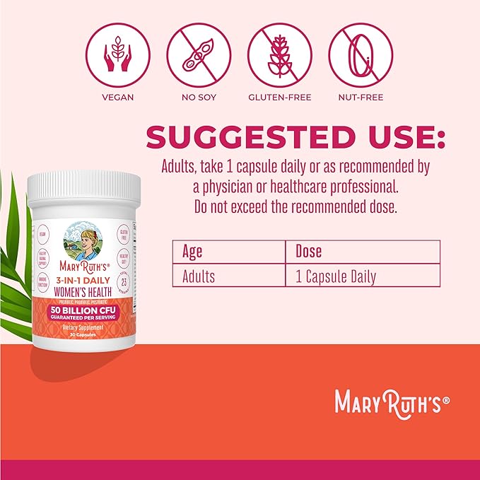 MARYRUTH'S 3-in-1 Daily Health Probiotics for Women | Hormone Support &amp Gut Health Supplement for Women | Women’s Probiotic | 50 Billion CFU | Vegan | 30 ct