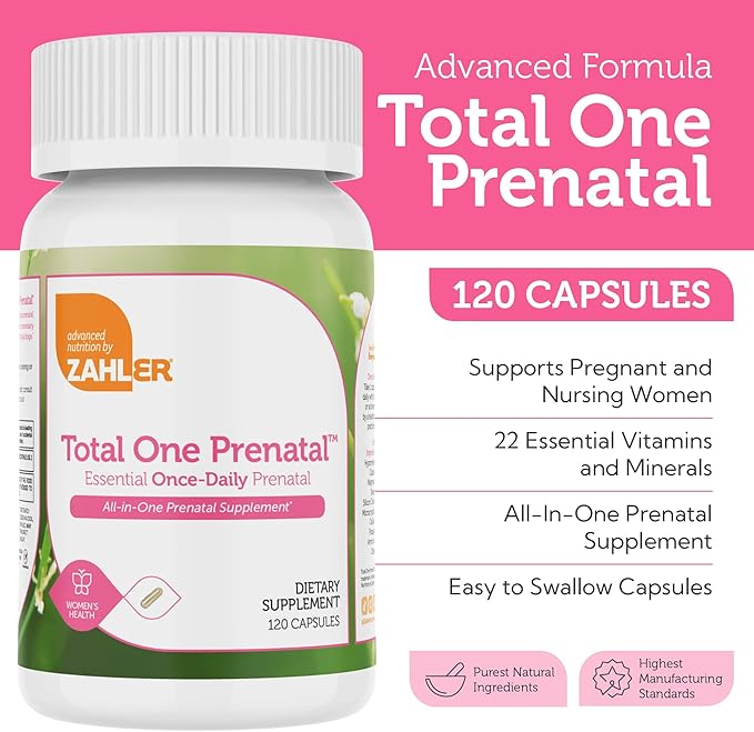 Zahler - Total One Prenatal Vitamins for Women (120 Count) Daily Multi Vitamin Prenatals with Folic Acid Iron Zinc &amp 19 Other Essential Vitamins &amp Minerals - Kosher Pre Natal Multivitamin Ca
