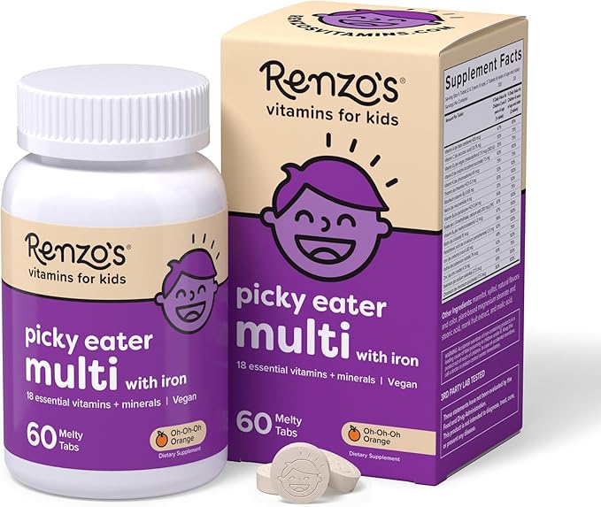 Renzo's Picky Eater Kids Multivitamin with Iron - Dissolvable Kids Vitamins with Iron Zinc Vitamin C Vitamin D E &amp K Sugar-Free Melty Tabs Orange Flavor 60-Count (1-2 Month Supply)