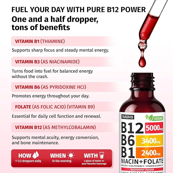 NUSAVA (2 Pack) Vitamin B12 Liquid Drops with B6 B1 Niacin &amp Folate — B12 Sublingual Vitamin B Complex Methylcobalamin 5000 mcg for Energy Brain &amp Heart Support Raspberry Flavor 80 Serv