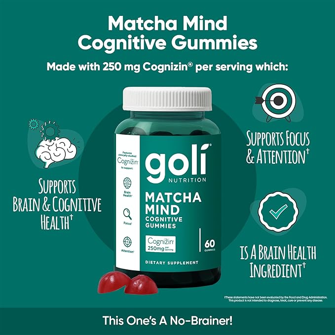Goli Matcha Mind Gummies - 180 Count - Green Tea Leaves Powder with Cognizin for Focus Attention and Brain Health Vegan Non-GMO Gluten-Free &amp Gelatin Free.