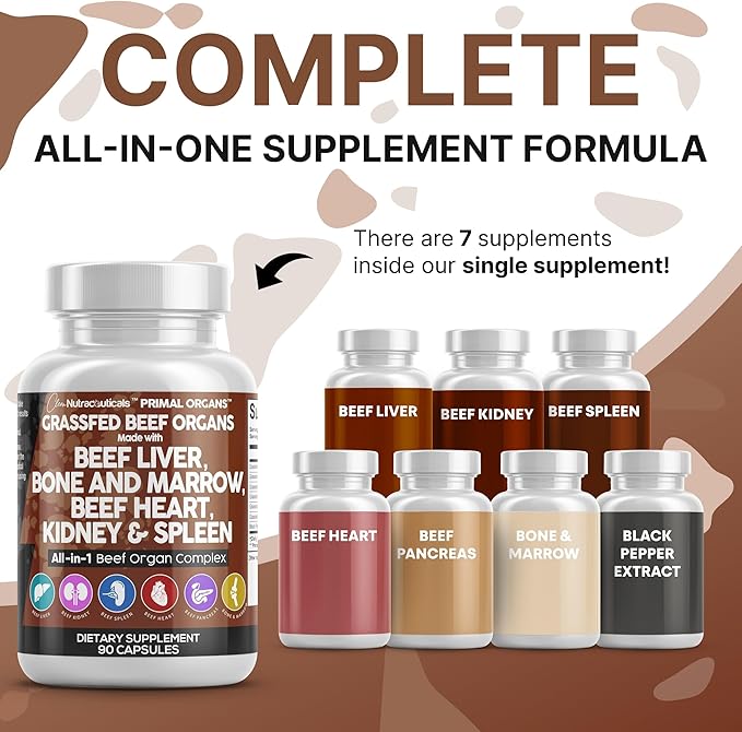 Clean Nutraceuticals Grass Fed Beef Liver Capsules - Premium Quality Supplement Packed with Desiccated Beef Heart Spleen Pancreas Plus Bone &amp Marrow Dao Enzyme Pills