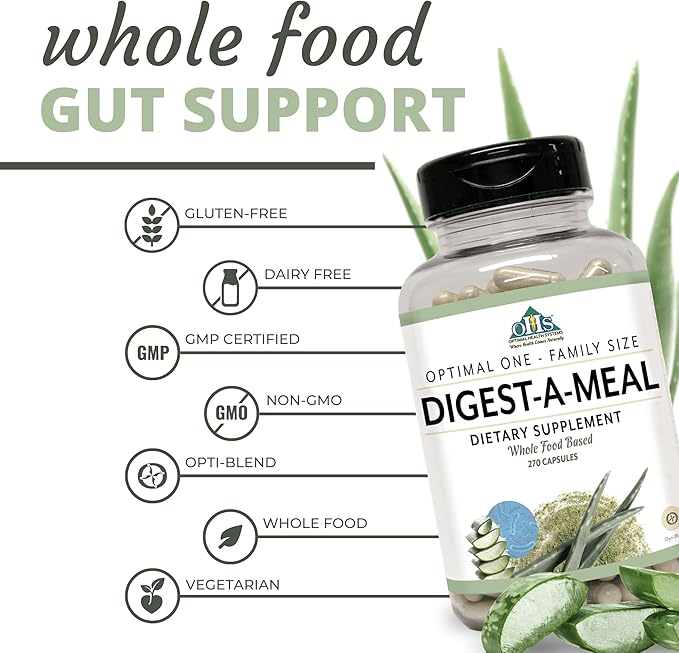 Optimal Health Systems Digest-A-Meal | Gut Health Enzyme &amp Probiotic | Bloating Acid Reflux &amp Indigestion Relief + Aloe Vera Leaf | Digestion Supplement | 270 Capsules Family Size