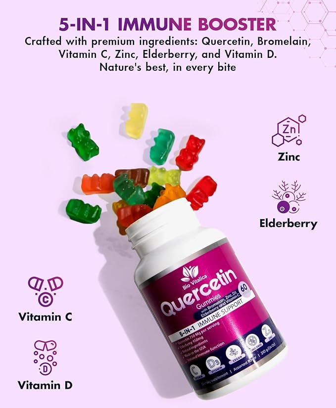 (2 Pack) Quercetin Gummies by BioVitalica - Quercetin with Bromelain Vitamin C and Zinc &amp Elderberry + Vitamin D3-5 in 1 Immune Support - Zinc Quercetin 750 mg for Kids and Adults