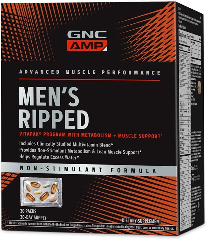GNC Men's Ripped Clinically Studied Multivitamin Blend Lean Muscle Support Non-Stimulant Formula 30 Servings