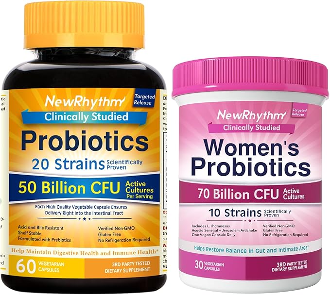 NewRhythm Gut &amp Feminine Health Bundle Probiotics 50 Billion CFU &amp Women's Probiotics 70 Billion CFU Daily Gut Health &amp Feminine Care 90 Capsules Total (Pack of 2)