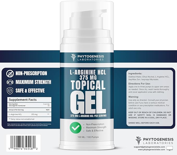 L-Arginine HCL 375mg Gel - Topical Nitric Oxide Support for Circulation &amp Performance - Advanced High Absorption Transdermal Formula - 375mg L-Arginine HCL per Serving