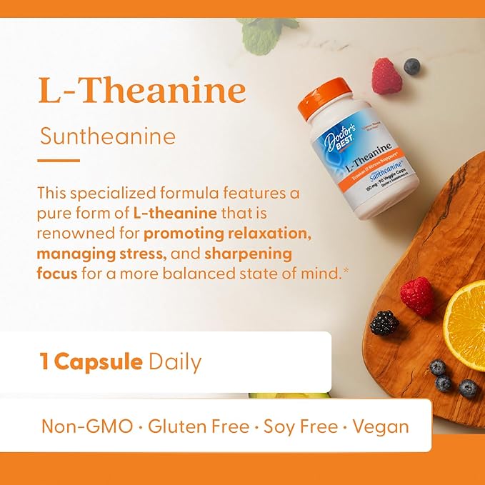 Doctor's Best L-Theanine Contains Suntheanine Helps Reduce Stress &amp Sleep Non-GMO Gluten Free Vegan 150 mg (DRB-00197) 90 Count
