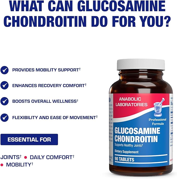 Advanced Glucosamine and Chondroitin for Adults - Clinical Formula Naturally Derived Bone Joint Tendon and Ligament Supplement with High Strength Glucosamine Complex - Up to 90 Day Supply