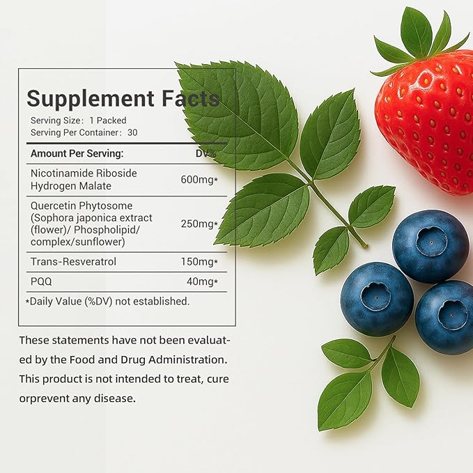 NAD Supplement 1000mg with Resveratrol Pure Organic Liquid Packets - Nicotinamide Riboside Supplements with PQQ - Liposomal NAD+ Berry Flavor Drink - Cellular Energy &amp Anti-Aging Support 30 Packs