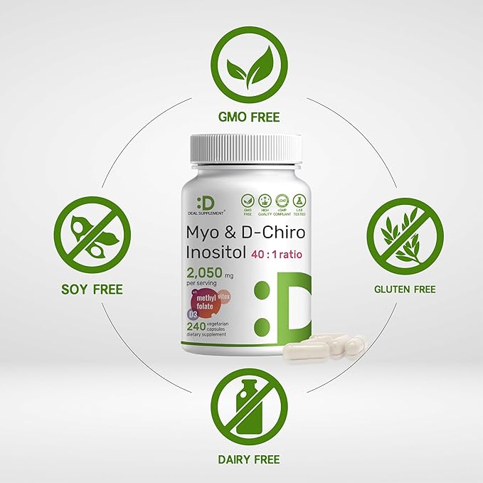 Myo-Inositol &amp D-Chiro Inositol Supplement for Women (40:1) | 2050mg Per Serving | 240 Veggie Capsules | with Folate Vitamin D3 &amp Vitex | Hormonal Balance &amp Cycle Support | Non-GMO