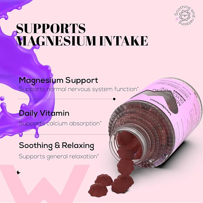 Wondermoon Magnesium Glycinate Gummies for Women with Vitamin D3 B6 Vitamin E Zinc &amp Potassium Blueberry Flavor 60 Gummies