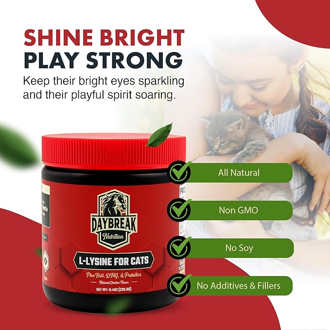 L-Lysine for Cats and Kittens - 900 mg L Lysine Powder for Cats for Immunity &amp Respiratory Support - Cat Supplement with L-Lysine Prebiotics Krill &amp DMG for Immune System (120 Servings)