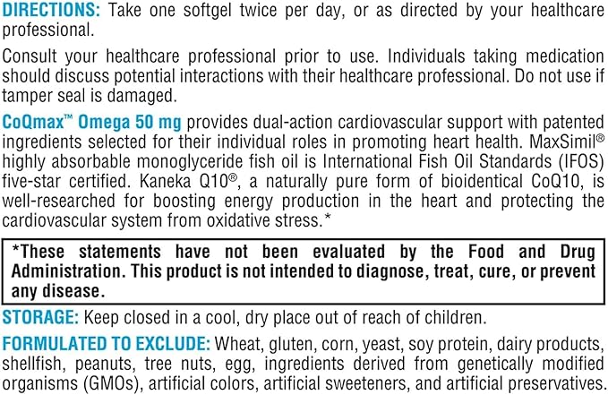 XYMOGEN CoQmax Omega 50 mg - Dual-Action Heart Health Support - CoQ10 Plus Fish Oil Omega-3 - MaxSimil Monoglyceride EPA DHA - Enhanced Absorption - 120 Softgels