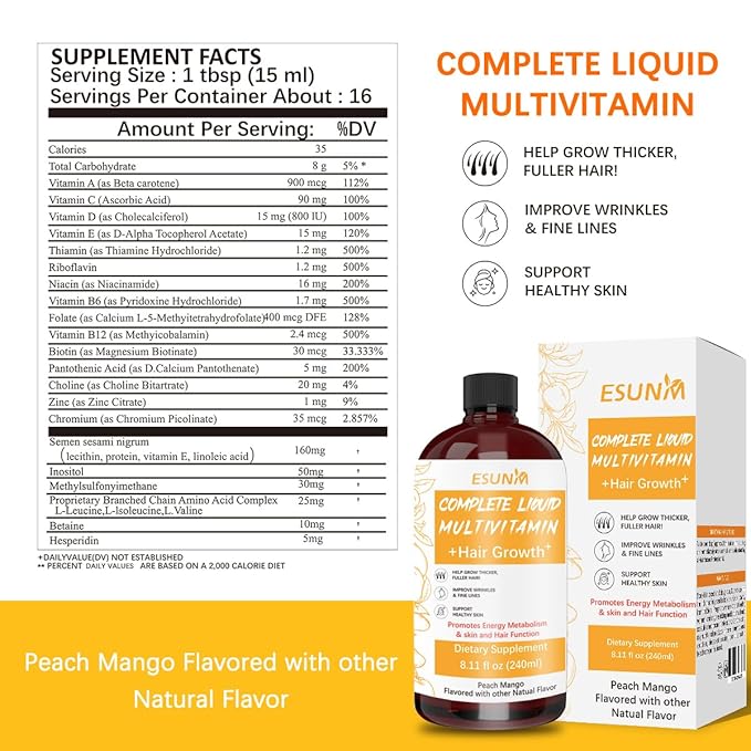 Hair Growth Liquid Multivitamin | Biotin for Hair Growth Supplement | Clinically Tested in Women for Thicker Hair &amp Facial Wrinkle | Skin Care | Ages 18+ | 8.11 Fl Oz