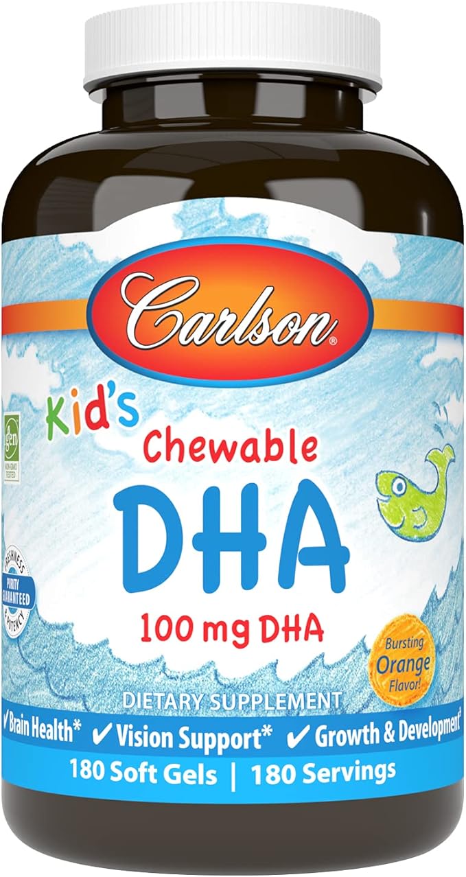 Carlson - Kid's Chewable DHA 100 mg DHA Brain Health Vision Function Growth &amp Development Orange 180 Chewable Softgels