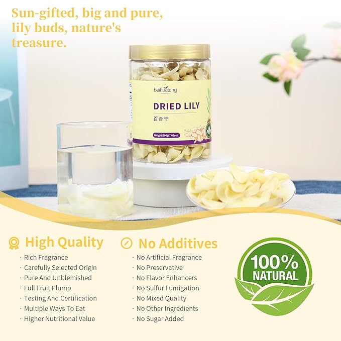 Baihuatang Natural Dried Lily Bulbs 200g (7oz) Herbal Tea Dried Lily Buds Bulbs Bai He Lilies for Tea Cooking Porridge Sulfur Free No Additives 百合干龙牙百合 银耳莲子百合羹原料