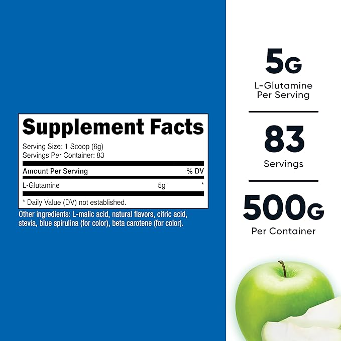 Nutricost L-Glutamine Powder Supplement (Green Apple) 500g - Gut Support 5 Grams per Serving Sweetened with Stevia - Gluten Free Non GMO
