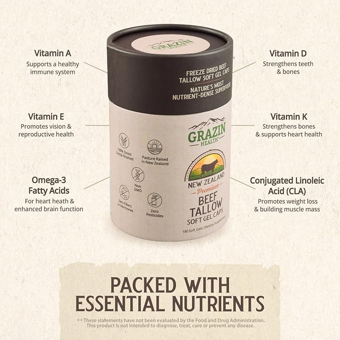 Grass-Fed Beef Tallow Capsules – 3000 mg Per Serving | Pasture-Raised Grass-Finished (New Zealand) | Non-GMO No Fillers or Flow Agents | cGMP Manufactured | 30-Day Supply