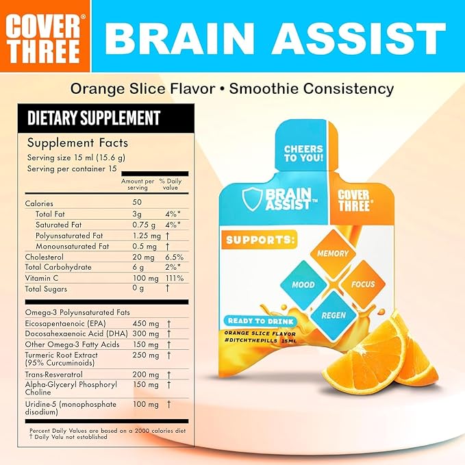 Cover Three Brain Assist Brain Supplement Nutritional Focus Supplement with Curcumin Uridine Orange Slice Liquid Brain Support Formula High Performance Memory Supplements (6 Boxes)
