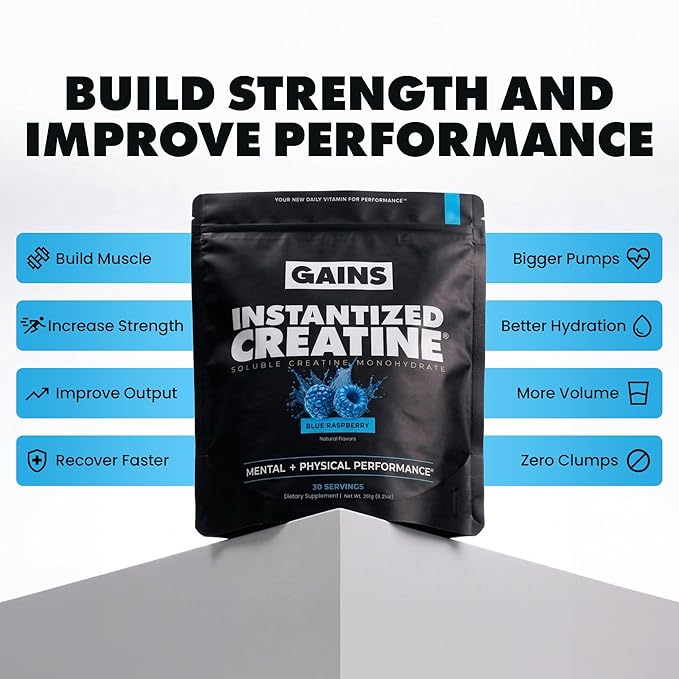 Gains in Bulk Instantized Creatine Monohydrate for Men &amp Women Soluble Pre Workout Powder Supports Muscle Building Strength and Performance Bodybuilding Supplements Blue Raspberry 30 Serving
