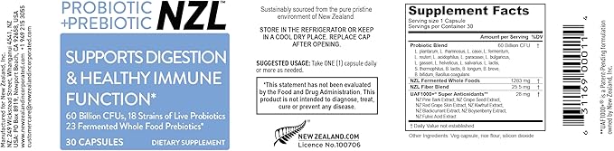 NZL Probiotic + Prebiotic Capsules Once Daily 60 Billion CFUs Digestive Health for Men and Women 18 Strains Shelf Stable With Fermented Wholefoods Prebiotic &amp Fibre 60 caps 1 Month Supply