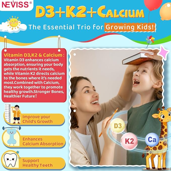 Vitamin D3 K2 Gummies for Kids + Calcium Magnesium Zinc Phosphorus Vitamin C Kids Multivitamin D3 &amp K2 Supplement for Bṏne Health Calcium Absorption Focus &amp Immunity Non GMO Sugar Fre