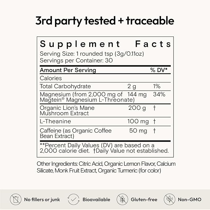 Moon Juice Neuro Magnesi-Om - Brain Support Supplement with Magnesium L-Threonate Lion’s Mane L-Theanine &amp Caffeine - Magnesium Powder for Focus &amp Memory - Lemon 3.2 oz 30 Servings