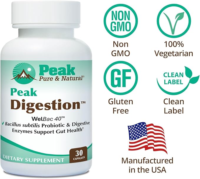 Peak Digestion Probiotic Supplement - Digestive Enzymes with Bacilus Subtilis Non Dairy Probiotic for Optimal Gut Health - Supports Gluten Digestion Helps Deter Bloating &amp Constipation (30 Caps)