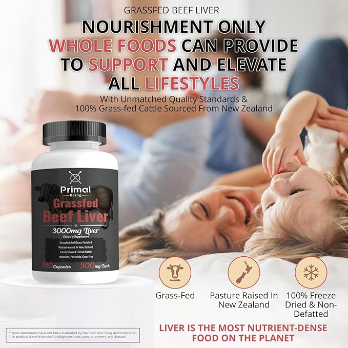 Primal Being Grassfed Beef Liver - 3000mg Freeze Dried Capsules - Pasture Raised in New Zealand - Natural Beef Organ Supplement - Liver Supplement for Energy and Wellness - 180 Count
