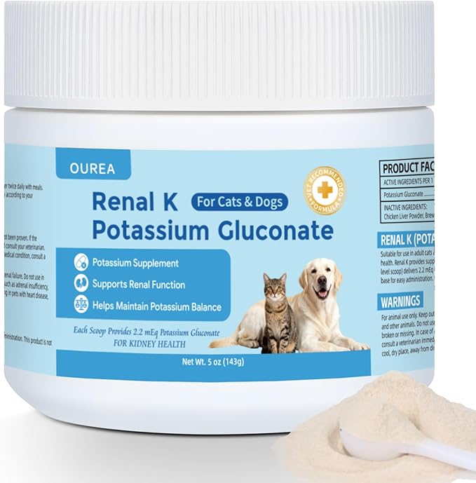 Renal K Potassium Gluconate for Dogs and Cats – 2.2 mEq per Scoop – Supports Kidney Function Restores Potassium Levels – Boosts Energy – Muscle Strength – Vet-Recommended