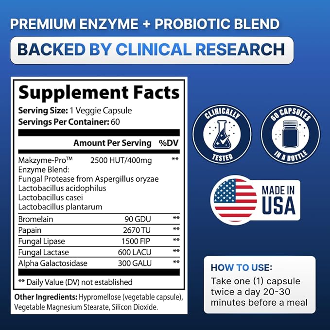 Digestive Enzymes with Probiotics – Broad Spectrum Enzyme Formula for Digestive Support Bloating &amp Gas Relief Lactase Protease Lipase – 60 Capsules