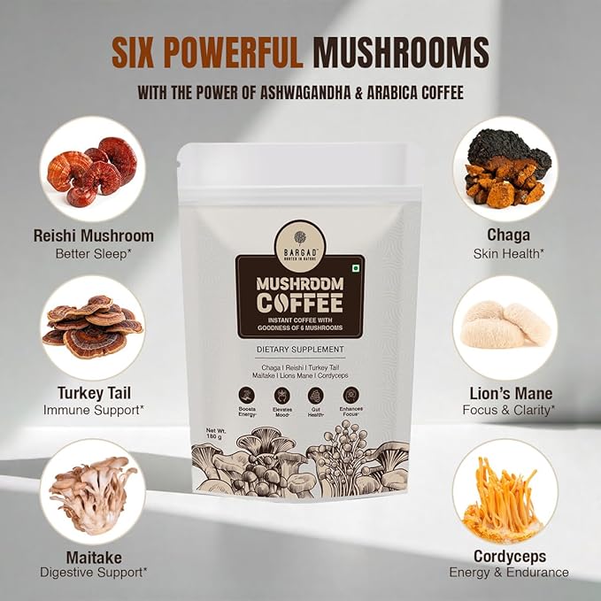 Bargad Mushroom Coffee | 6 Adaptogen Mushrooms | Premium Instant Coffee with Benefits of Lion's Mane Chaga &amp Turkey Tail for Better Focus Immune Support Energy Digestion &amp Skin | 30 Servin
