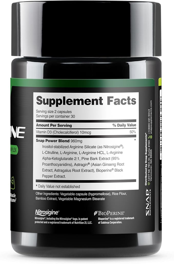 Snap Supplements L-Arginine Capsules with L-Citrulline and 3 Forms of L-Arginine to Support Healthy Circulation Nitric Oxide &amp Exercise Performance 60 Vegan Capsules (30-Day Supply)