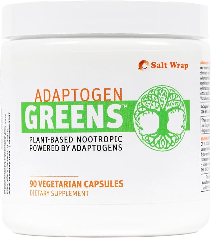 SaltWrap Adaptogen Greens - Mind-Body Resilience Formula - Caffeine-Free Nootropic for Stress Focus and Cognitive Performance - 90 Capsules