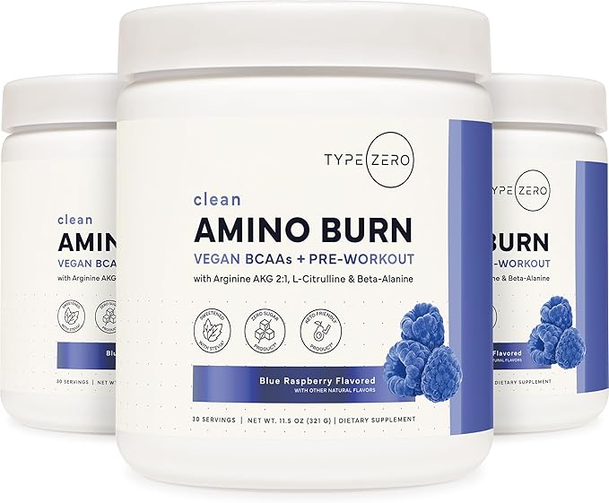 Type Zero Amino Burn - Vegan BCAA + Clean Pre Workout Powder with Arginine AKG L-Citrulline &amp Beta Alanine - Amino Acid Clean Energy Endurance &amp Hydration Supplement - Blue Raspberry 30 Ser